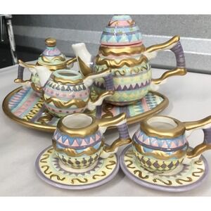 Cracker Barrel Easter 10 pc Mini Teapot Set Pastels & Gold Details